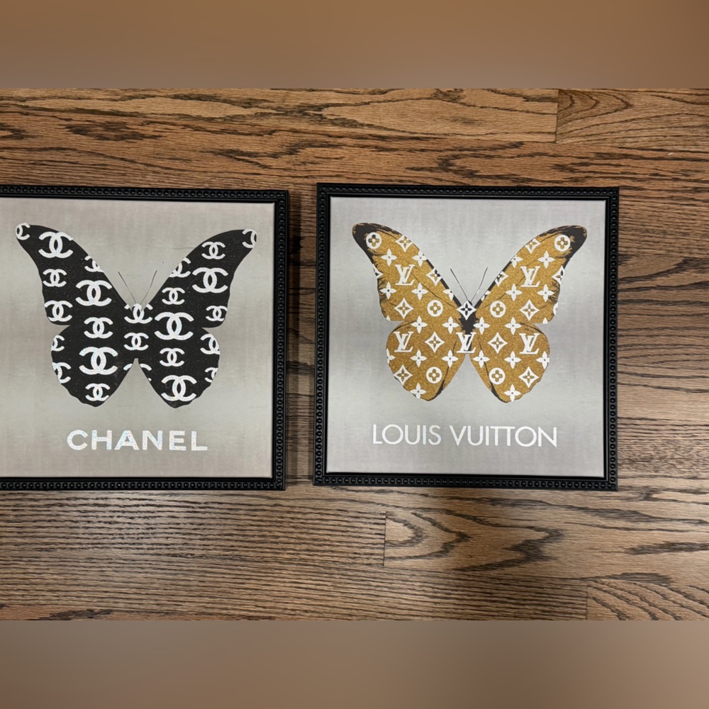 Louis Vuitton & Chanel Butterfly Logo Wall Art Duo - Black & Gold